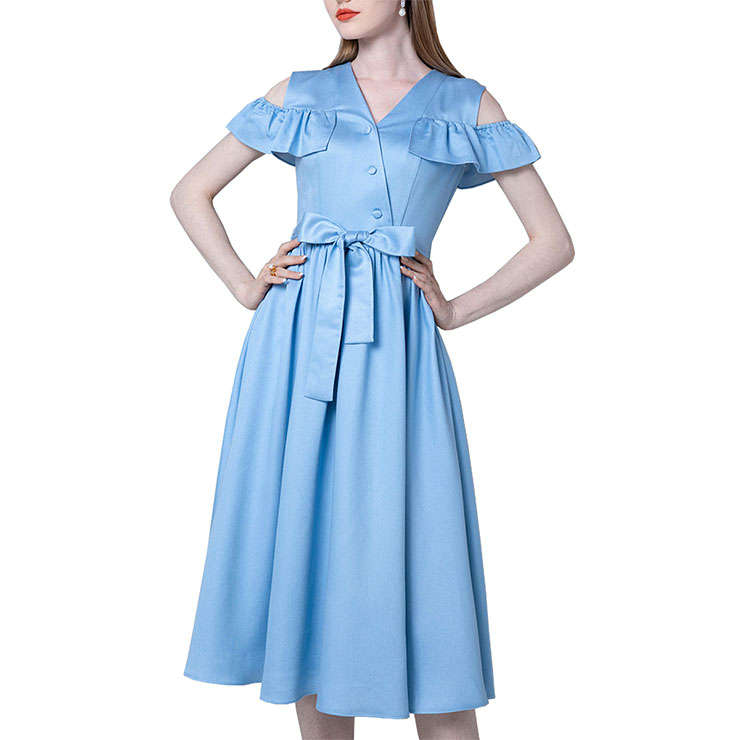Fashion V Neckline Cut-out Ruffled Sleeves Sash High Waist Summer Swing Dress N21729