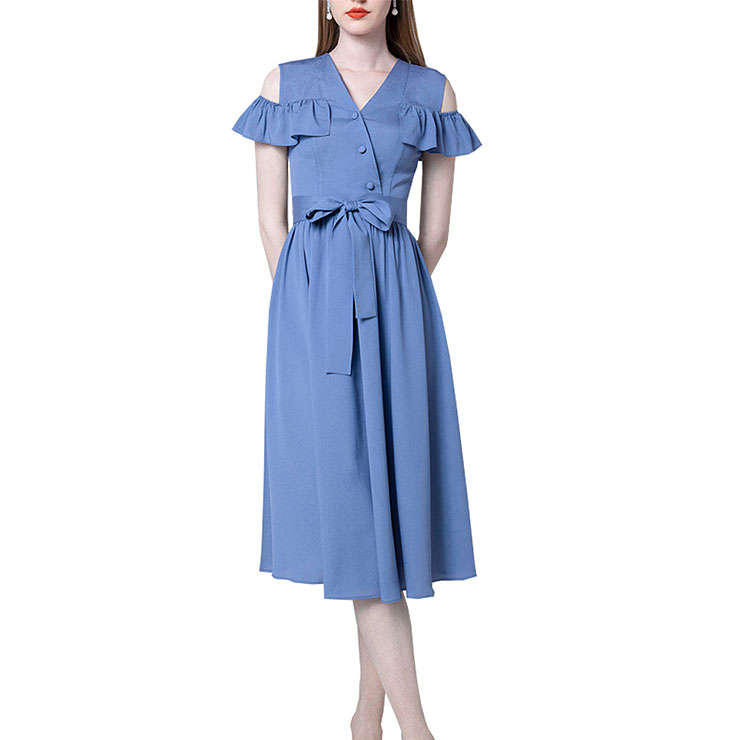 Fashion V Neckline Cut-out Ruffled Sleeves Sash High Waist Summer Swing Dress N21730