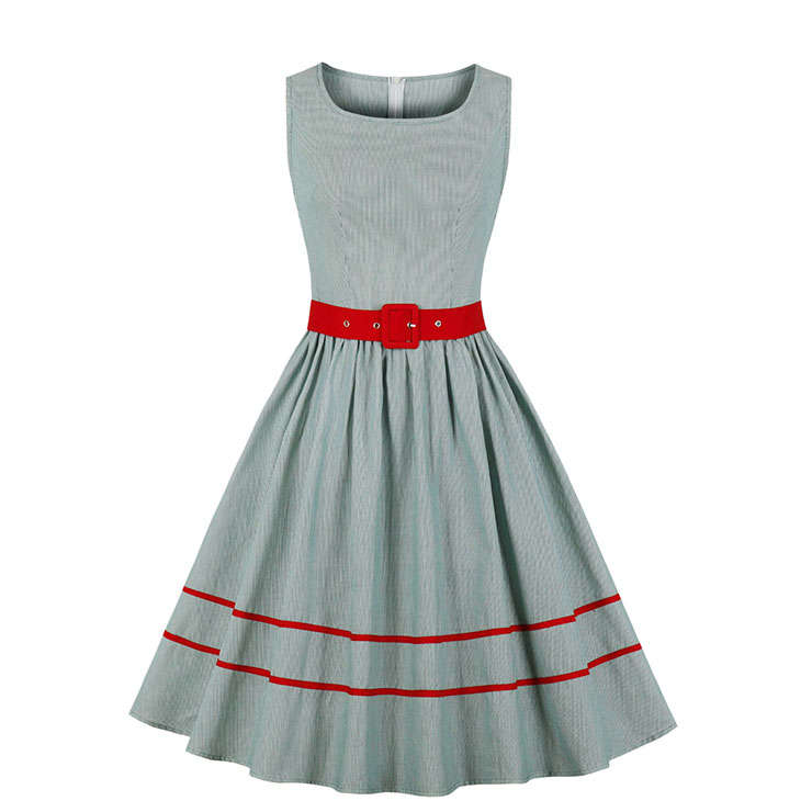Fashion Light-green Square Collar Sleeveless Pinstripe Belt High Waist Summer Swing Dress N21333