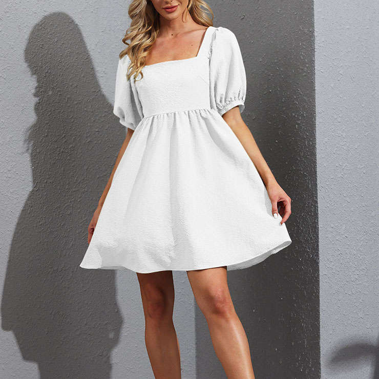 Fashion Square Neck Solid Color Puff Sleeve Back Bow High Waist Party Babydoll A-line Dress N21661
