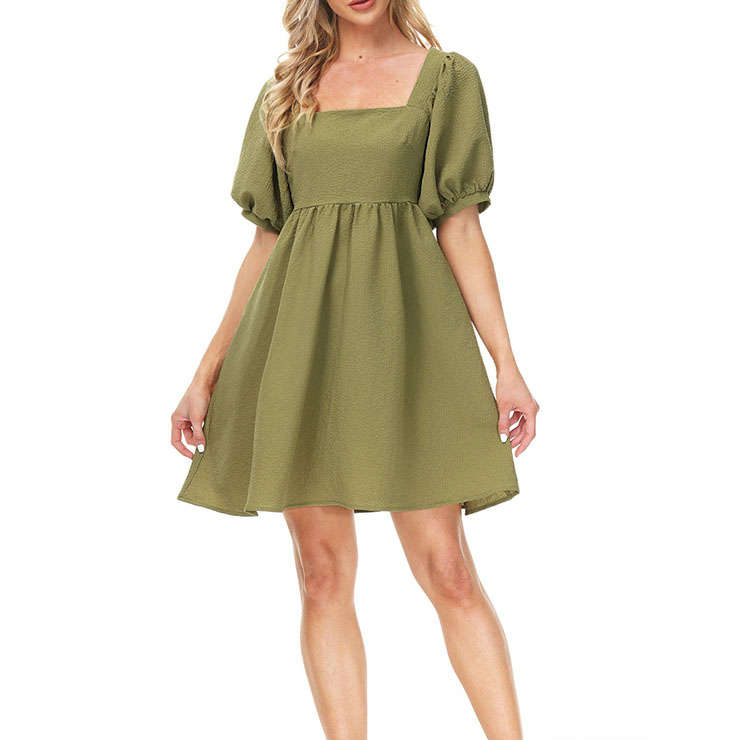 Fashion Square Neck Solid Color Puff Sleeve Back Bow High Waist Party Babydoll A-line Dress N21662