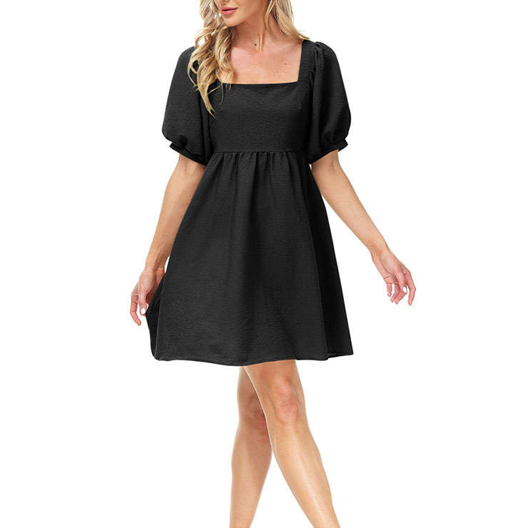 Fashion Square Neck Puff Sleeve Back Bow High Waist Party Babydoll Loose Little Black Dress N21663