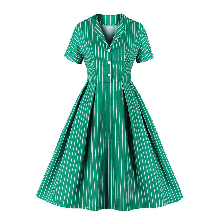 Fashion Striped Stand-up Collar Short Sleeve High Waist Buttons Midi Swing Dress N20946