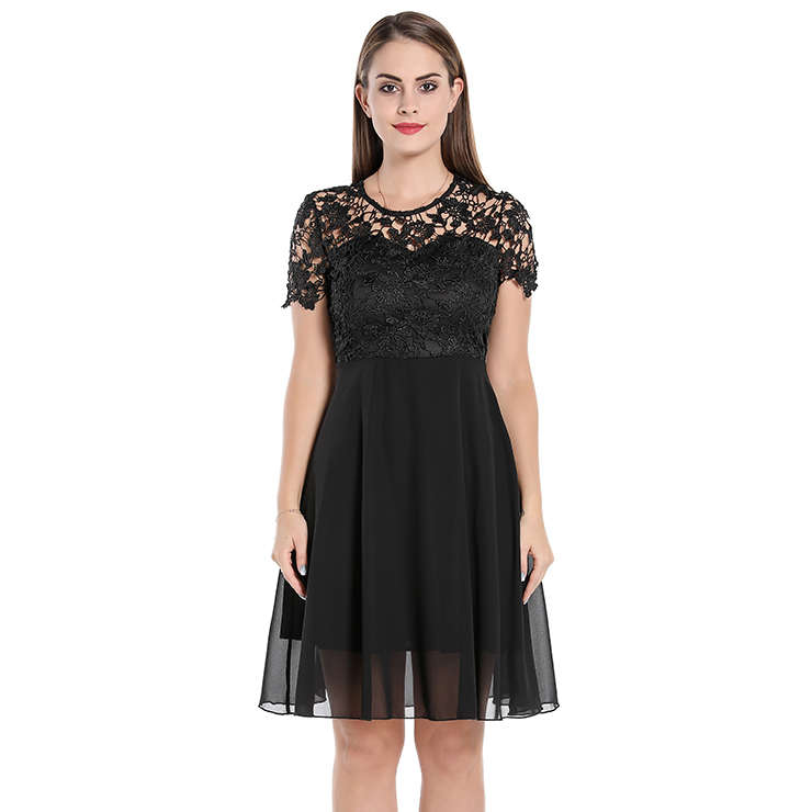 Elegant Hollow-out Floral Lace and Chiffon High Waist Cocktail Party Little Black Dress N20060