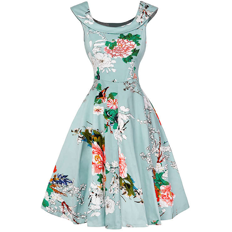 1950's Vintage Floral Print Sleeveless Cocktail Party Swing Dress