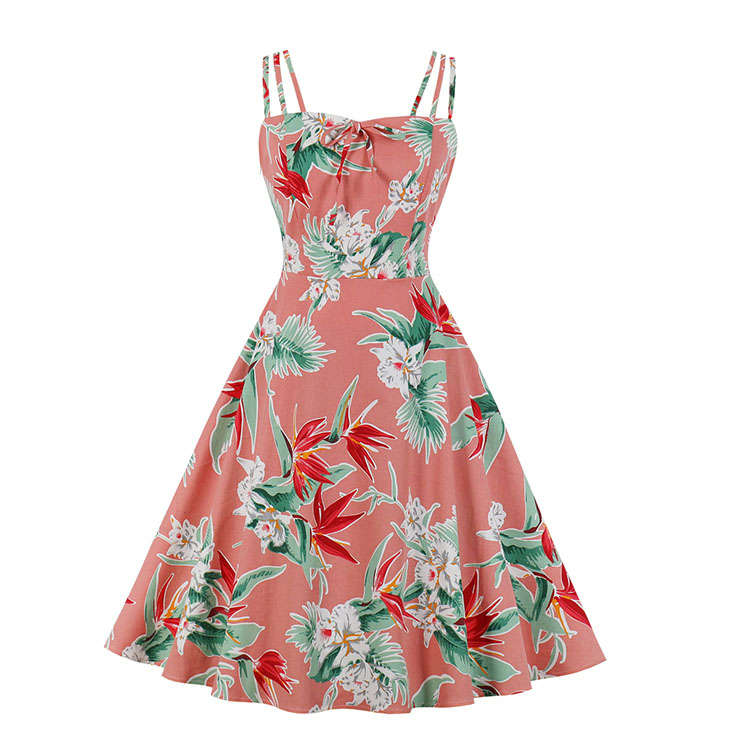 Sexy Floral Print Spaghetti Straps Sleeveless Backless High Waist Summer Party Swing Dress N20272