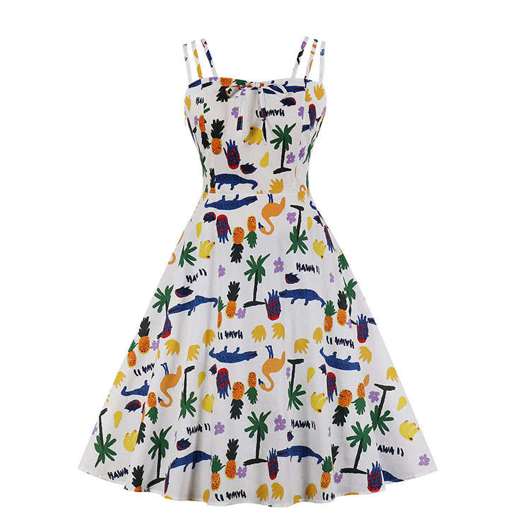 Lovely Graffiti Print Spaghetti Straps Sleeveless Backless High Waist Swing Midi Dress N20284