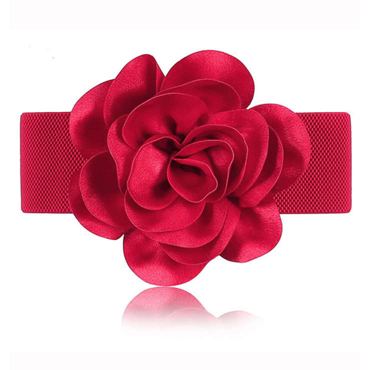 Women Elegant Snap Closure Elastic Chiffon Flower Wide Waist Belt N14829