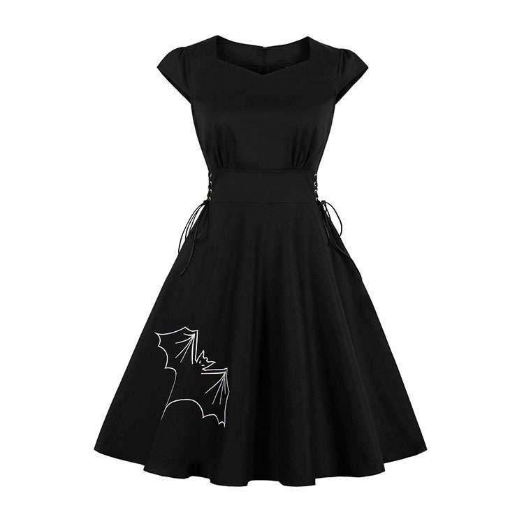 Gothic Black Bat Embroidered Side Lace-up High Waist Halloween Party Midi Dress N19587