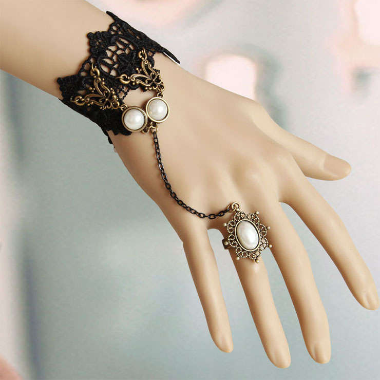 Gothic Black Floral Lace Wristband Victorian Bracelet with Ring J17866
