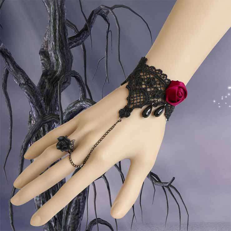 Gothic Black Lace Wristband Red Rose Embellished Bracelet with Ring J18100