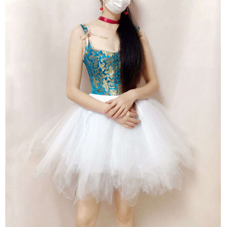 Retro Brocade 14 Steel Bones Wide Straps Overbust Corset with Multi-layered Mesh Tutu Skirt N21922