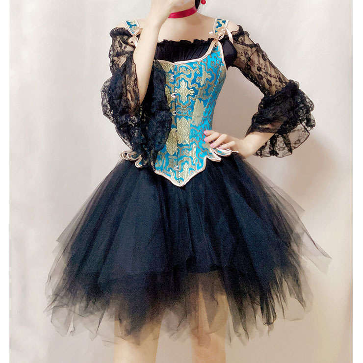 Gothic 14 Steel Bone Overbust Corset and Off-shoulder Lace Ruffle Blouse Layered Tutu Skirt N21927