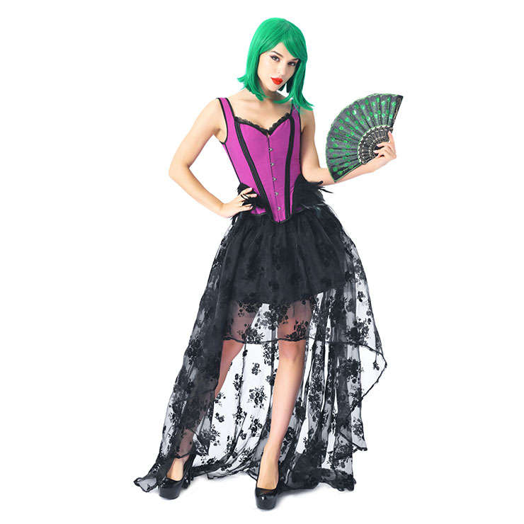 Victorian Gothic Feather Jacquard Wide Straps Corset With Organza High Low Skirt Set N20197