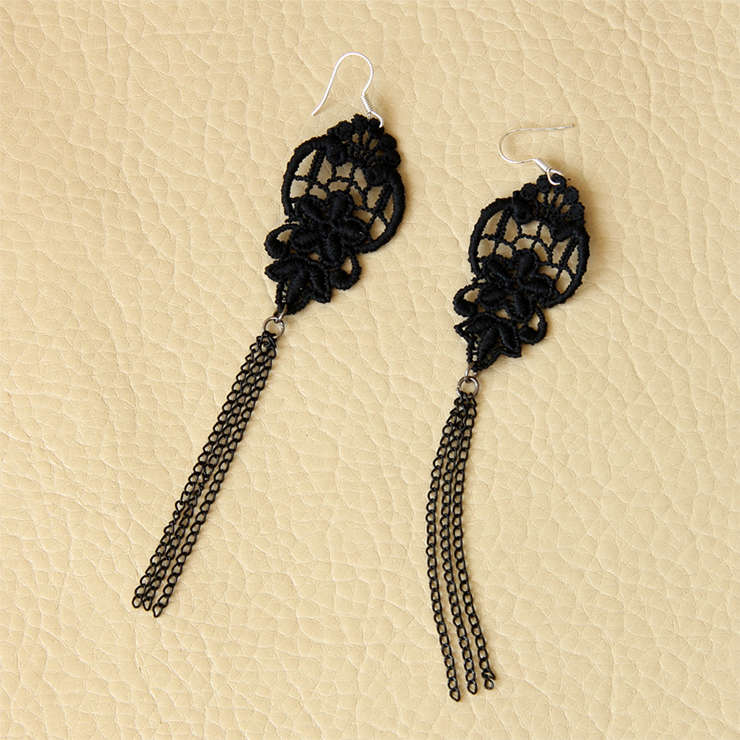 Gothic Exaggerated Black Flower Net Lace Long Tassels Earrings J18427