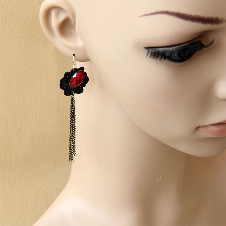 Gothic Exaggerated Black Flower Red Gem Tassels Earrings J18426