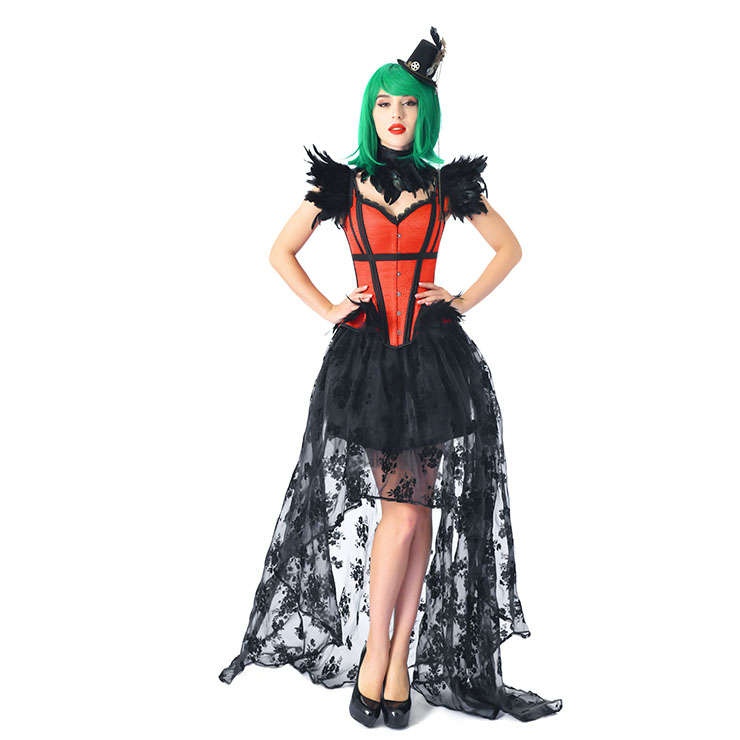 Gothic Feather Jacquard Boned Corset Organza High Low Skirt Set With Scarf And Shoulder Armor N20221