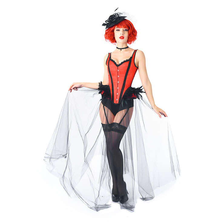 Gothic Red Feather Jacquard Buckle Shoulder Straps Gauze Hem Corset With Pantie Set N20238