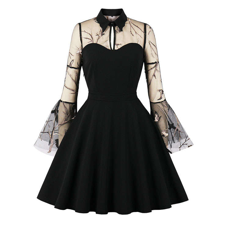 Sexy Gothic Black See-through Mesh Embroidered Lapel Flare Sleeve Vampire A-line Dress N21482