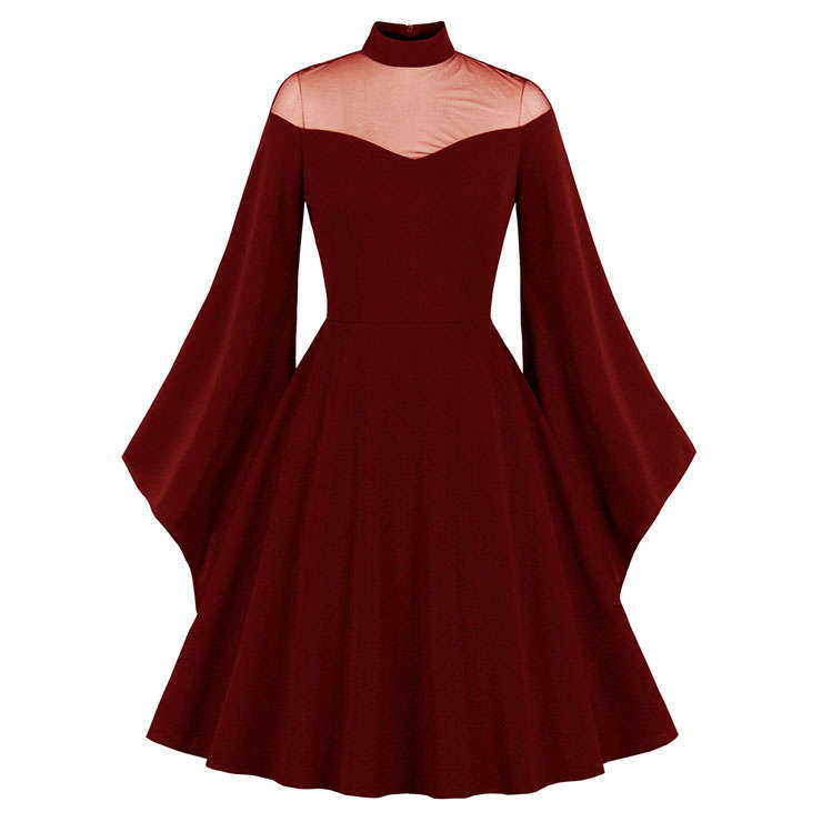 Sexy Gothic See-through Mesh Patchwork High Neck Flare Sleeve Vampire Retro Midi Dress N21492