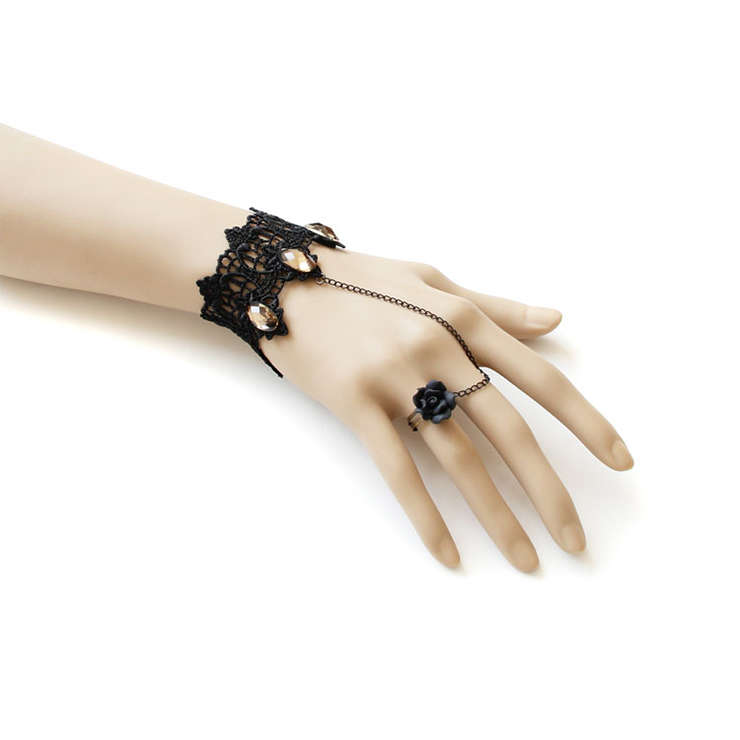 Gothic Black Floral Lace Wristband Rhinestone Bracelet with Ring J18066