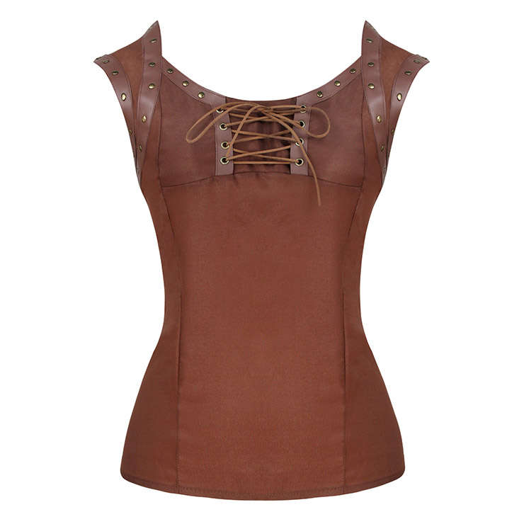 Punk Rivet PU Leather Lace-up Short Sleeve Square Collar Crepe Blouse Top N18949