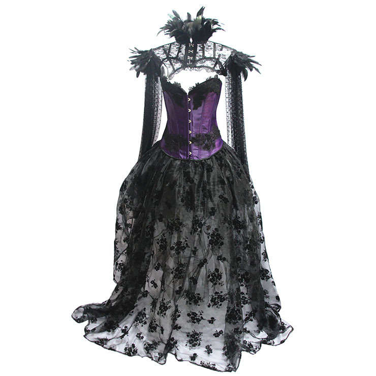 Victorian Gothic Satin Overbust Corset Feather Collar Shrug Organza High Low Skirt Set N19602