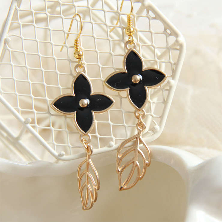 Gothic Style Black Metal Flower Modeling with Golden Leaf Earrings J18434