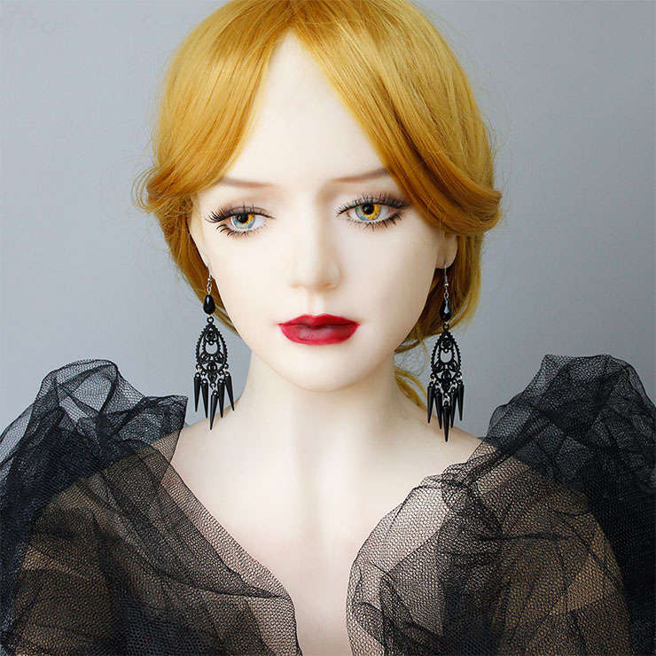 Gothic Style Gorgeous Black Bead Drop-shaped With Small Conical Drop Earrings J19986