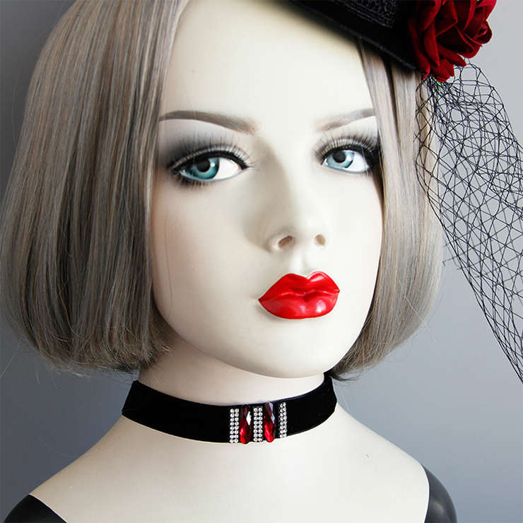 Gothic Black Velvet Rhinestone and Ruby Embellishment Choker Necklace J18803