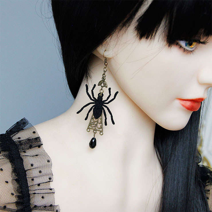Gothic Black Spider and Bead Halloween Pendant Earrings J19679