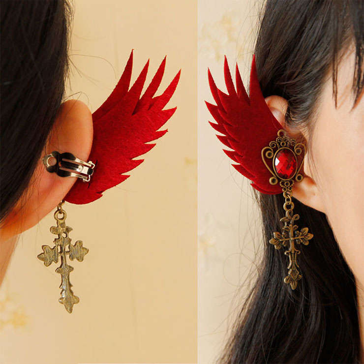 Gothic Style Red Wings and Ruby Alloy Clip Earrings with Cross J18385