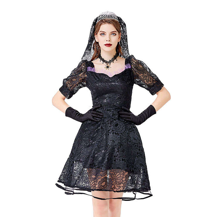 Gothic Vampire Black Multi-layered Lace Wedding Dress Adult Ghost Bride Costume N20738