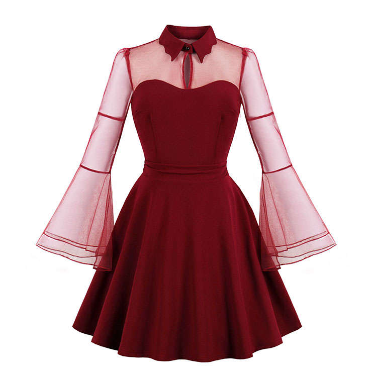 Sexy Gothic Wine Red See-through Mesh Splicing Flare Sleeve Vampire High Waist Midi Dress N18644