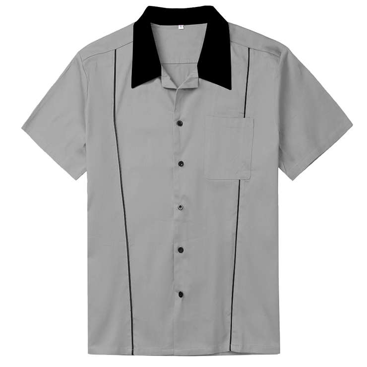 Fashion Gray Male Splicing Pocket Beer Shirt Casual Fifties Bowling Shirt N16751