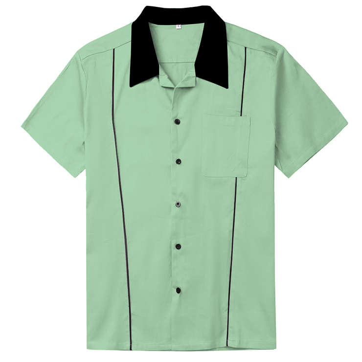 Fashion Green Male Splicing Pocket Beer Shirt Casual Fifties Bowling Shirt N16752