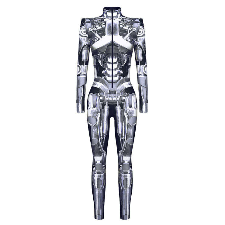 Grey Robot 3D Printed High Neck Long Bodycon Jumpsuit Halloween Costume N22324