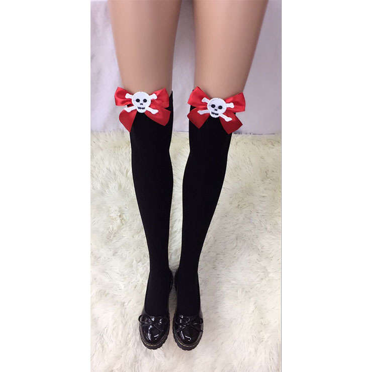 Halloween Pure Black French Maid Cosplay Red Bowknot with Skeleton Anime Stockings HG18459