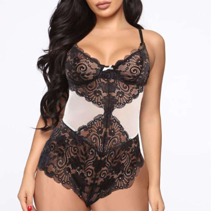 Sexy Sheer Floral Lace Spaghetti Straps Backless Bodysuit Teddy Lingerie N20041