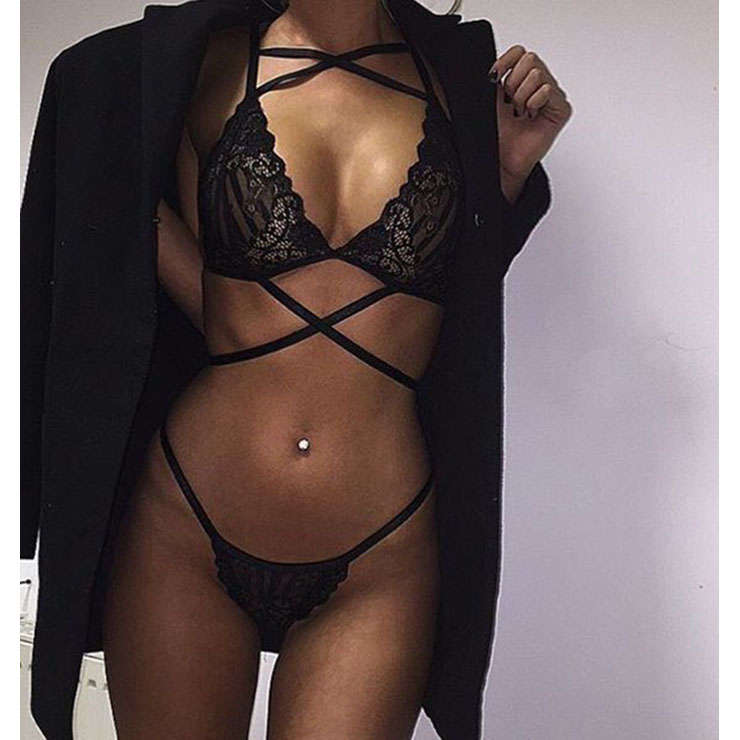 Sexy Black Halter Cross Strap Floral Lace Bra Panty Lingerie Set N17671