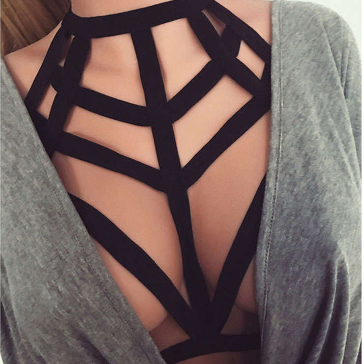 Sexy Black Halter Strappy Elastic Bandage Bra Top Hollow Out Temptation Lingerie N21283
