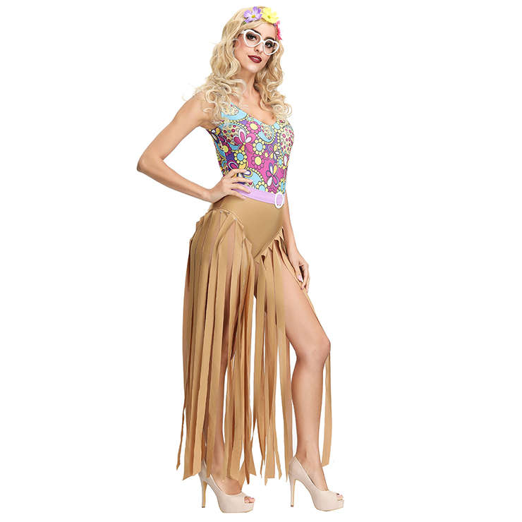 Women's Hippie Hottie One-piece Tank Disco Dancing Tassel Bodysuit Cosplay Costume N19394