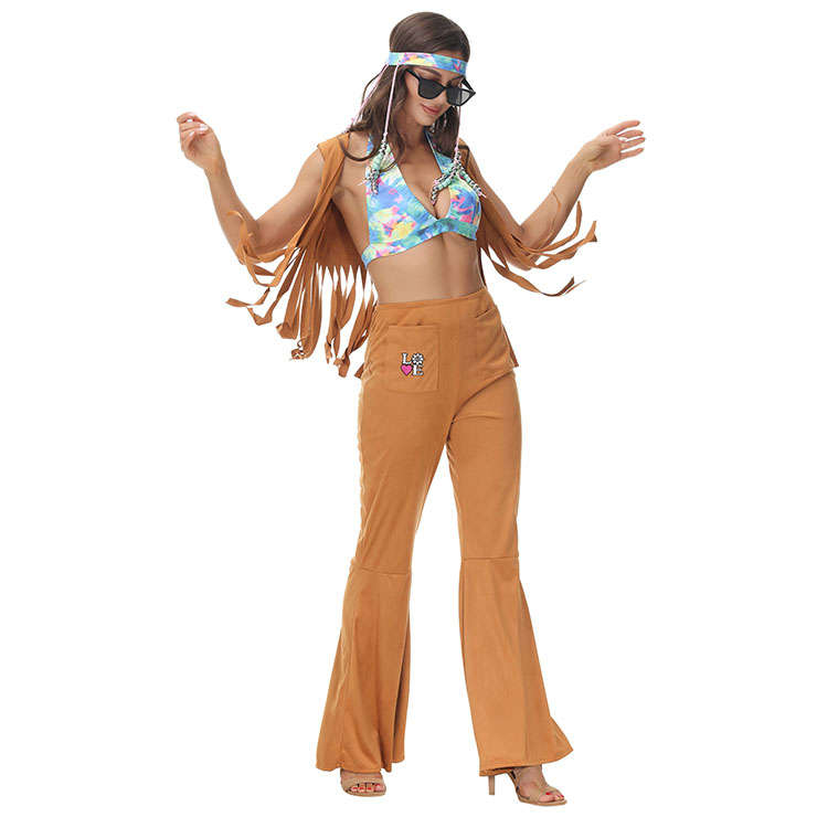 4pcs Women's Hippie Hottie Bra and Bell-bottoms Disco Dancing Tassel Vest Cosplay Costume N22025