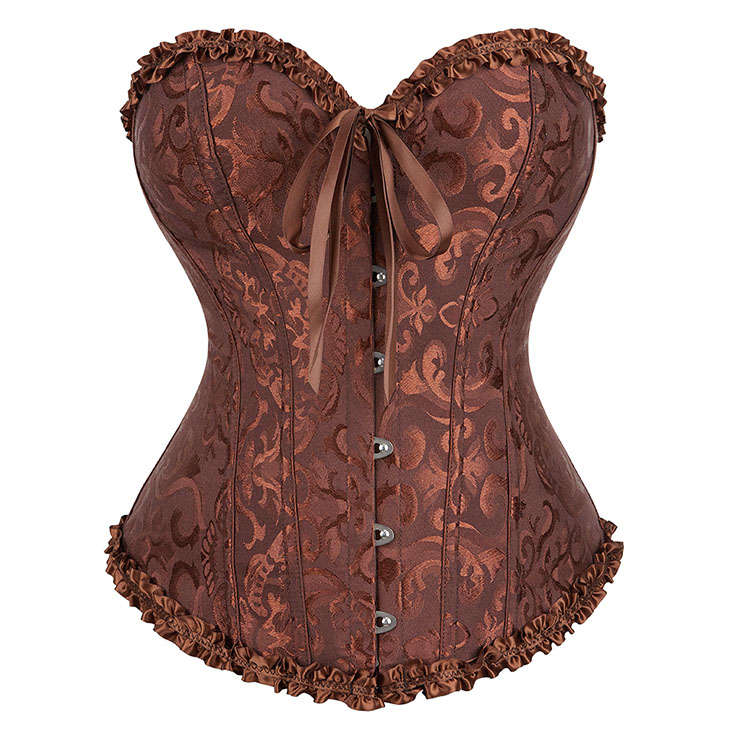 Victorian Gothic Brocade 12 Plastic Boned Ruffle Waist Cincher Body Shaper Overbust Corset N21645