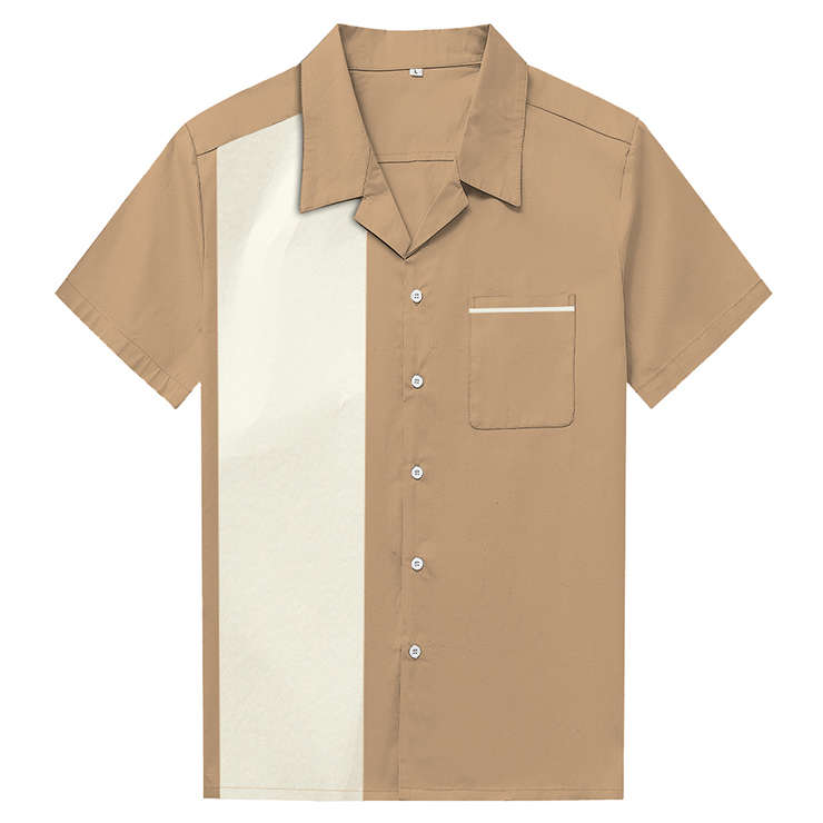 Khaki Male Retro Splicing Panel Casual Fifties Bowling Shirt N16689