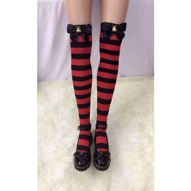 Lovely Red-black Strips with Black Bowknot with Christmas Bell Maid Cosplay Stockings HG18520