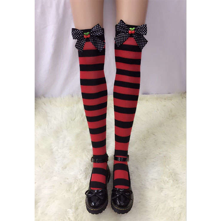 Lovely Red-black Strips Spots Bowknot with Cherry Maid Cosplay Stockings HG18537