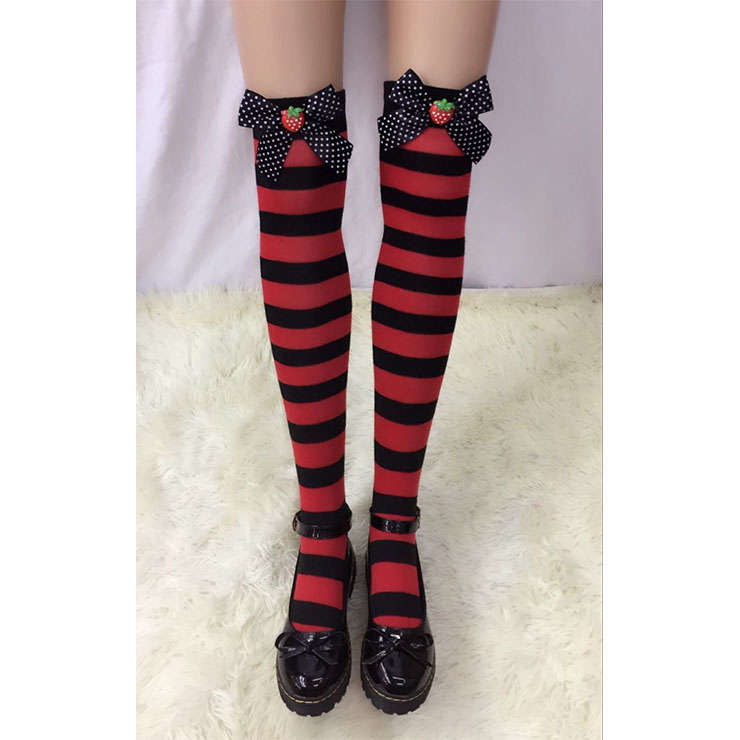 Lovely Red-black Strips Spots Bowknot with Strawberry Maid Cosplay Stockings HG18536