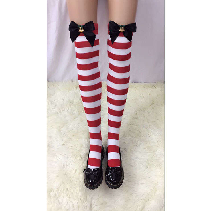 Lovely Pure Red-white Strips French Maid Black Bowknot with Bell Cosplay Stockings HG18493