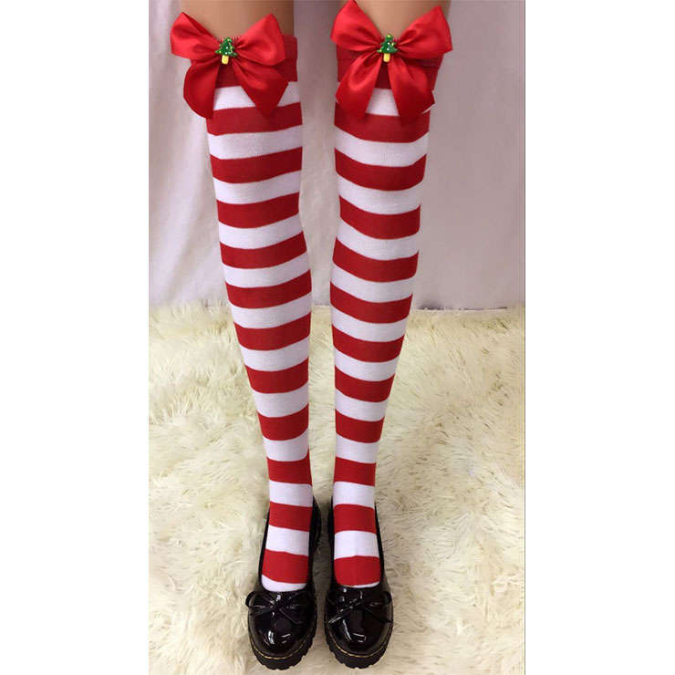 Lovely Pure Red-white Strips Red Bowknot with Christmas Tree Cosplay Stockings HG18495